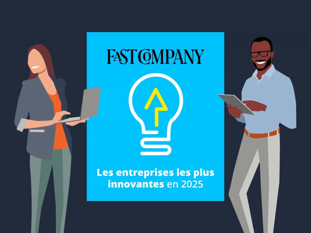 Illustration de deux collègues avec le logo des entreprises les plus innovantes 2025